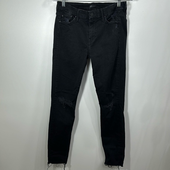 Mother The Looker Ankle Fray Black denim distressed skinny jeans size 28 - Picture 1 of 13